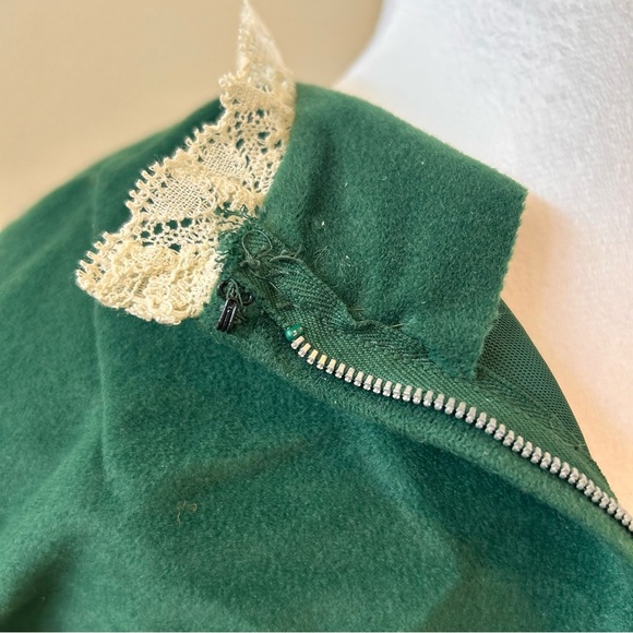 Vintage 70s Milk Maid Lace Trim Renaissance Cottage Green Velvet Maxi Dress SM - Picture 7 of 11